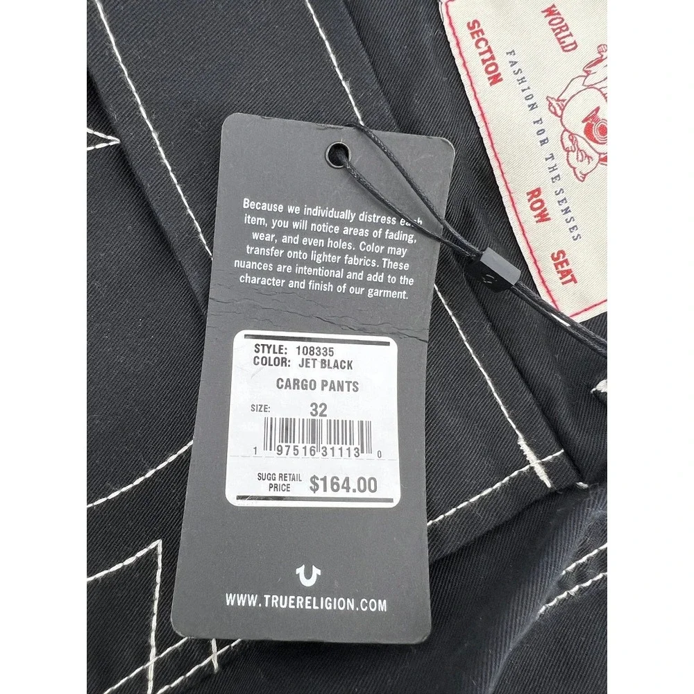 True Religion Mens Jet Black Contrast Stitch Cargo Pants 108335 Size 32 NWT